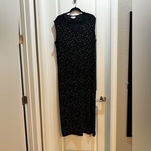 ESSE Black Floral Maxi Dress Sz 3X Cap Sleeves Side Slit Vneck Length 54”